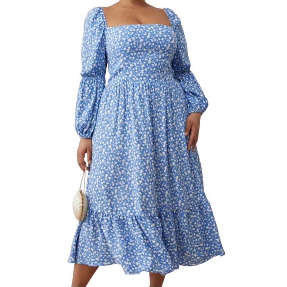 Reformation Sky Blue Floral Square-Neck Midi Dress